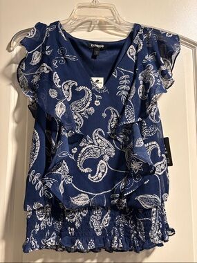 Express Navy and White Paisley Ruffle V-Neck Blouse